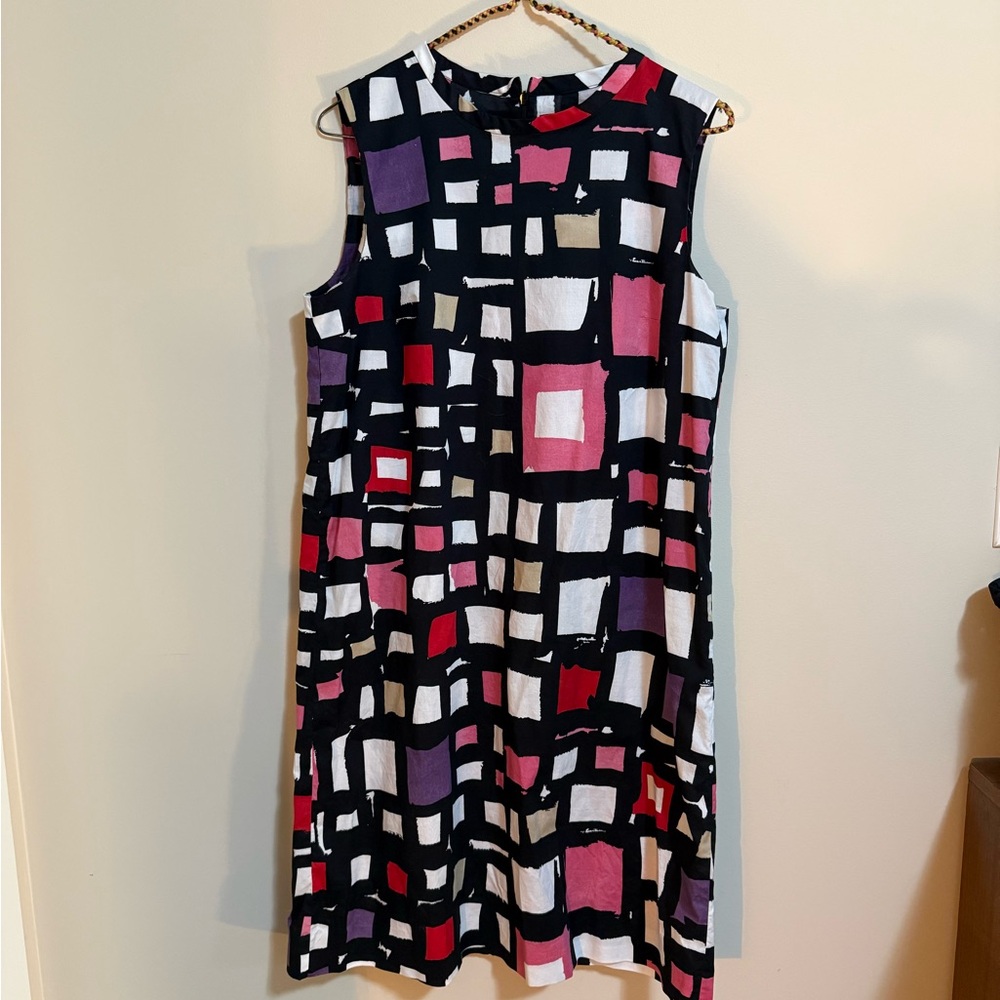Max Mara Black Midi Shift Dress with Pink, Purple, Red and White Geometric Print